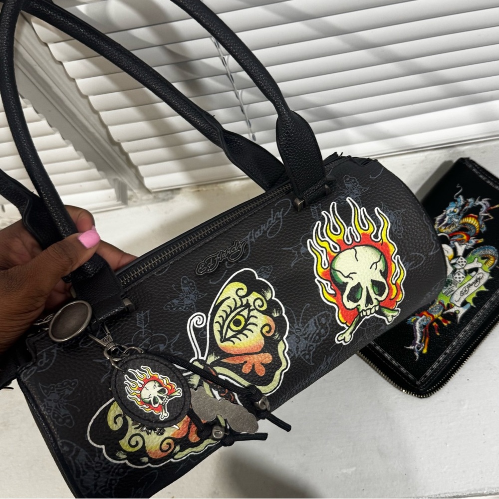 Ed Hardy Black Barrel Bag with Skull and Flame Motif